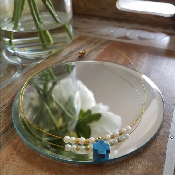 Genuine Turquoise Gemstone Symbolic Cross Faux Pearl Choker Necklace NEW - Picture 3 of 8